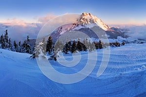 Winter High Tatras mountain range panorama with many peaks and clear sky. Sunny day on top of snowy mountains.