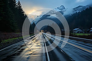 Winter highway. Snowfall in city traffic jam in winter, background seasonal snow highway road