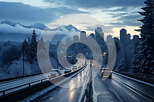 Winter highway. Snowfall in city traffic jam in winter, background seasonal snow highway road