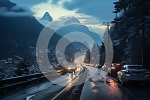 Winter highway. Snowfall in city traffic jam in winter, background seasonal snow highway road