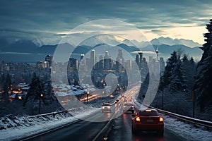 Winter highway. Snowfall in city traffic jam in winter, background seasonal snow highway road