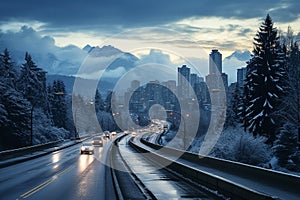 Winter highway. Snowfall in city traffic jam in winter, background seasonal snow highway road