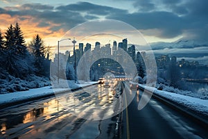 Winter highway. Snowfall in city traffic jam in winter, background seasonal snow highway road