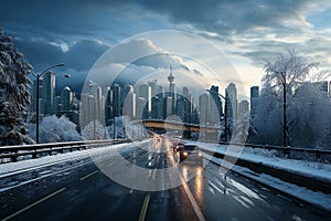 Winter highway. Snowfall in city traffic jam in winter, background seasonal snow highway road