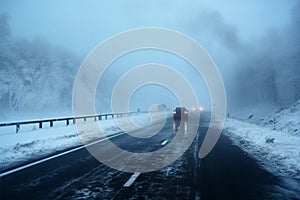 A winter highway, snowfall, and fog create poor visibility conditions