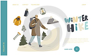 Winter Hiking Adventure, Vacation Hobby, Sports Activity Landing Page Template. Backpacker Male Character Walk Outdoors