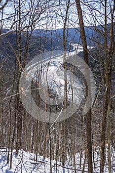 Winter hiking along the Bouchoux Trail at the Hancock Forest Preserve in New York State