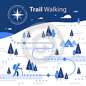 Winter hiking map, snow forest trail, running or cycling path, orienteering game, white landscape with hills and trees