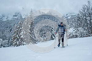 Winter hiking in snow covered mountain VeleÅ¾.