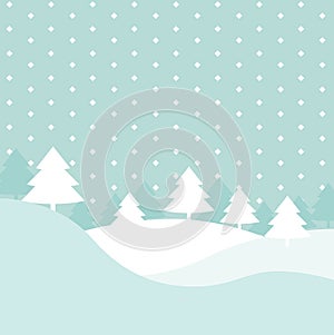 Winter hills scene with xmas fir trees and geometric snow vector background, elegant flat cartoon christmas postcard or