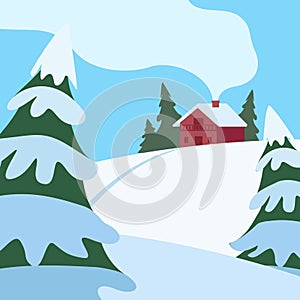 Winter hilly landscape with house and fir trees. Country life. Snow, cold, frost. Vector cartoon illustration
