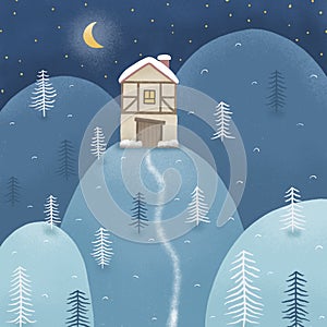 Winter Hilly Landscape Night with House Stars Moon and Trees Handy Illustrated Dreamy Winter Countryside