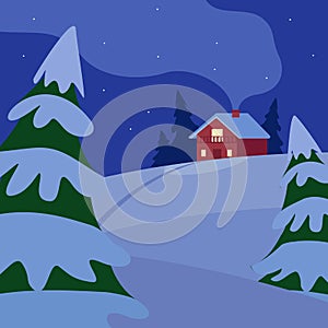 Winter hilly night landscape with house and fir trees. Country life. Snow, cold, frost. Vector cartoon illustration