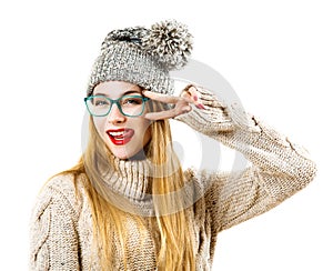 Winter Hipster Girl Going Crazy. Isolated on White