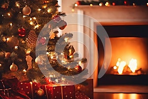 Winter holiday atmosphere in a warm room with a Christmas tree full of lights and toys near a cute fireplace with gifts. Christmas