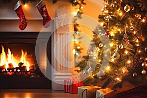 Winter holiday atmosphere in a warm room with a Christmas tree full of lights and toys near a cute fireplace with gifts. Christmas