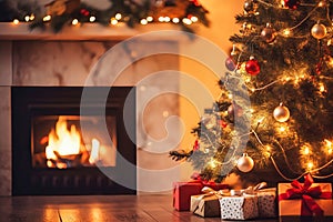 Winter holiday atmosphere in a warm room with a Christmas tree full of lights and toys near a cute fireplace with gifts. Christmas