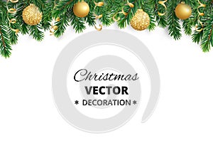 Winter holiday background. Border with Christmas tree branches. Garland, frame with hanging baubles, streamers