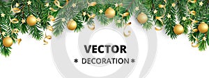 Winter holiday background. Border with Christmas tree branches. Garland, frame with hanging baubles, streamers