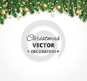 Winter holiday background. Border with Christmas tree branches. Garland, frame with hanging baubles, streamers
