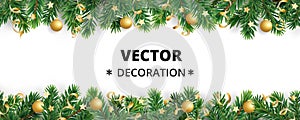 Winter holiday background. Border with Christmas tree branches. Garland, frame with hanging baubles, streamers photo