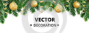 Winter holiday background. Border with Christmas tree branches. Garland, frame with hanging baubles, streamers