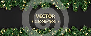 Winter holiday background. Border with Christmas tree branches and ornaments. photo