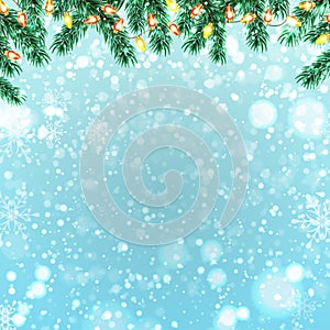 Winter holiday background with Christmas tree branches and snow. Vector