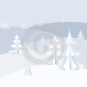 Winter holiday background on New Year and Christmas Snowdrifts, snowflakes on Christmas trees Winter landscape