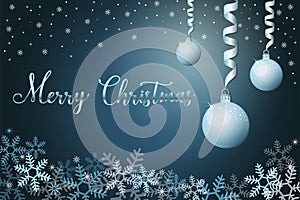 Winter holiday background with snow and christmas balls, hand lettering phrase merry christmas. Christmas season vector