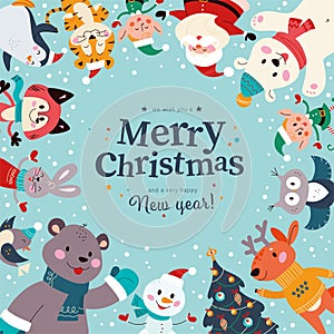 Winter holiday banner with cute animals, Santa Claus, elf character, fir tree, text congratulation.