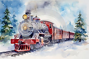 Winter holiday card. Christmas train against the backdrop of winter forest. Watercolor illustration