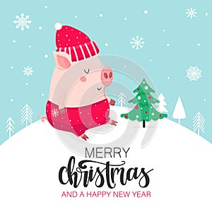 Winter holiday card with happy pig