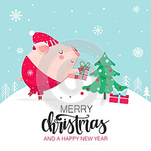 Winter holiday card with pig