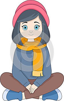 winter holiday cartoon illustration, beautiful girl, sitting wearing a scarf