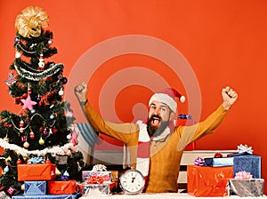Winter holiday and celebration concept. Santa presents decorated Christmas tree