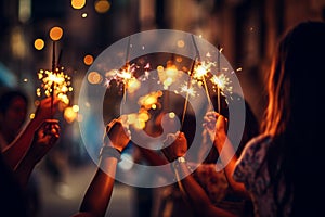 Winter holiday celebration group of happy people enjoying fireworks with glowing sparkles in hands