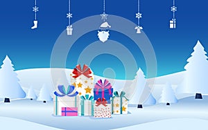 Dovolená vánoční dárky stuha luk na sníh scéna. vánoční dárek a závěsný prvky 