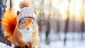 Winter holiday composition with cute ginger squirrel in knitted hat on snowy landscape background