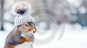 Winter holiday composition with cute squirrel in knitted hat on snowy landscape background