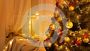 Winter holiday concept - Interior with new year or christmas decoration. At night, the room glows with festive lights. A lots of