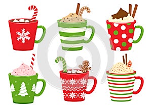 Winter holiday cups with drinks. Mugs with hot chocolate, cocoa or coffee, and cream. Gingerbread man cookie, candy cane, cinnamon