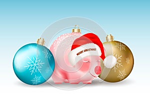 Winter holiday decor. Set of Realistic Christmas blue and golden Baubles and cute Santa Claus pig on blue background