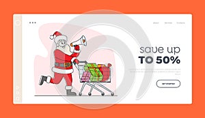 Winter Holiday Discount Landing Page Template. Santa Claus with Loudspeaker Pushing Trolley Announcing Christmas Sale