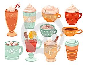 Winter holiday drinks. Mulled wine, hot cocoa whipped cream coffee. Isolated warm christmas cup latte tea chocolate