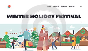 Winter Holiday Festival Landing Page Template. Happy People on Christmas Market. Men and Women Buying Gifts and Tree