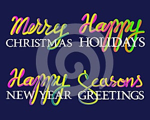 Winter holiday fluid colors and white lettering set. Merry Christmas, Seasons Greetings, Happy Holidays and New Year inscriptions