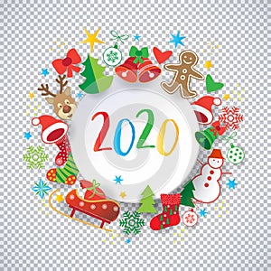 2020 Winter Holiday Happy New Year & Christmas frame symbols tree ball bell santa snowman socks Gingerbread vector sign