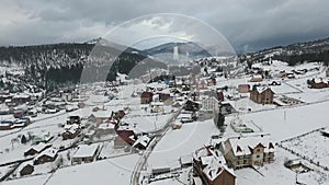 Winter holiday homes in the ski resort. Olympic Village. Aerial view