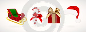 Winter holiday icons. Set of Christmas Santa Claus sleigh and hat, gift box with golden ribbon and candy cane. Realistic vector